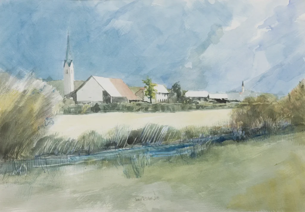The watercolor depicts a rural village with a church steeple by a tranquil body of water beneath a cloudy blue sky.